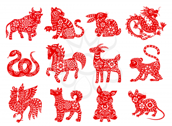 Chinese Zodiac horoscope animals, red papercut characters. Vector dragon, rat or mouse, tiger, pig, monkey and dog, horse, snake and goat, ox, rabbit and rooster. Lunar New Year astrology symbols set