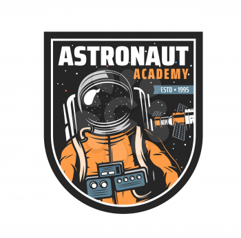 Astronaut academy isolated vector icon with spaceship and spaceman in outer space. Galaxy universe orbital station, stars and asteroids, spacesuit and helmet retro badge of astronomy science design