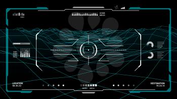 HUD futuristic monitor screen interface, target aim control ui or gui of Sci Fi game. Digital dashboard panel of vr head up display with aim control frame, vector graphics, crosshair and hologram map