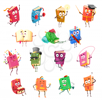 Kids textbooks, bestsellers and fairytale books happy characters. Cute vector books in colorful covers, wearing vintage cylinder and academic hat, exercising with barbell, jump with rope and sleeping