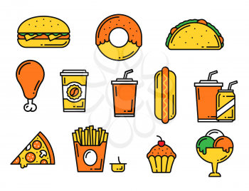 Fast food thin line icons of vector snacks and junk drinks. Outline pizza, burger and chicken leg, hamburger, donut, coffee and soda, french fries, hot dog and tacos, ice cream and cupcake, fast food