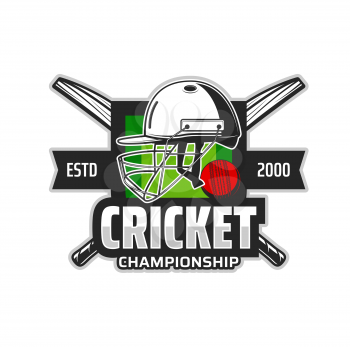Cricket sport icon with player protective helmet, two crossed bats and ball, cricket pitch or stadium. Cricket teams championship, game tournament vector label, retro emblem with game equipment