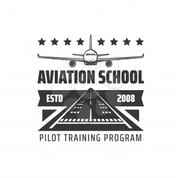 Pilot school training program icon. Civil aviation academy, flight school monochrome vector emblem, retro icon with passenger airplane, airliner landing or taking off on airport runway