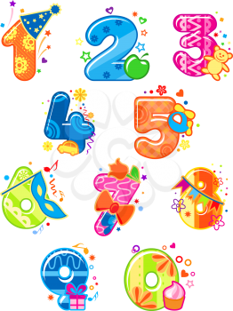 Cartoon digits and numbers with toys for childish mathematics design