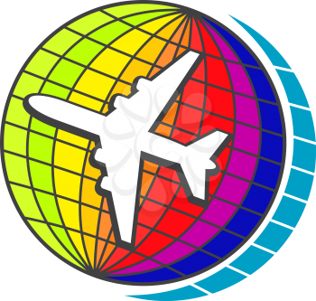 Flying airplane on earth globe for travel or transportation design