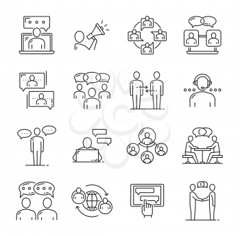 Business team chat messenger, support communication and message vector line icons. Chatbot or bot messenger app interface and help desk window for online customer support or web consultant service