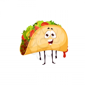 Cartoon mexican tacos character, fast food snack. Vector mascot, meal made of corn or wheat tortilla with grilled chicken meat and fresh vegetables. Tex mex fastfood of Mexico, takeaway