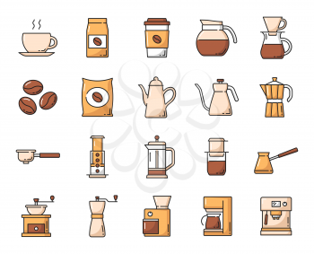 Coffee drink line icons set. Steaming hot coffee cup, beans bag and moka pot, manual and power coffee grinders, espresso and drip machine, turkish cezve, french and american press outline pictogram