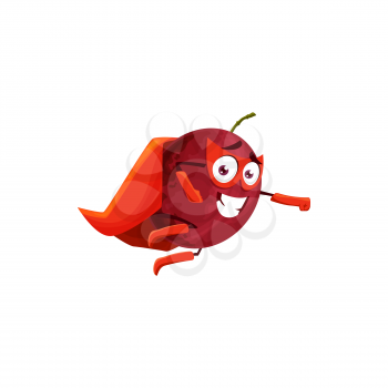 Flying mangosteen, cartoon superhero fruit in red cape, vector food power character. Exotic tropical fruit mangosteen in super hero purple costume and mask with energy power, cartoon personage