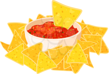 Nachos and chili pepper salsa vector isolated icon. Mexico nachos chips fast food snack