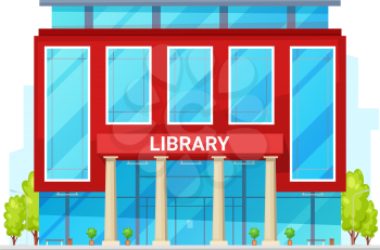 Library building exterior isolated facade. Vector public, university or college library, green trees