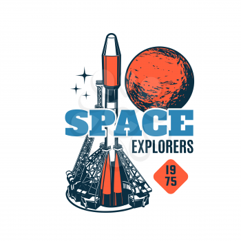 Spaceship vector icon of space exploration spacecraft. Galaxy universe planet, stars and rocket launch site with rocket boosters and shuttle isolated symbol or emblem, space travel and astronomy theme