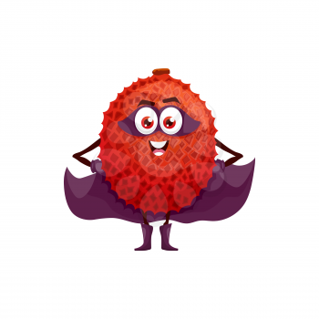 Lychee fruit, litchi cartoon superhero character in purple cape, vector. Fruit food in super hero costume and mask, happy lychee with energy power, organic natural food superpower vitamins