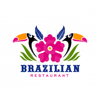 Brazilian cuisine restaurant icon with toucans couple in leaves, vector emblem. Brazil food bar or cafe and Brazilian gourmet restaurant menu cover sign with tropical birds in palm leaf