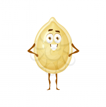 Funny pumpkin seed cartoon character, food with cute happy face, vector icon. Yummy snack of pumpkin seed in nutshell with kawaii smile, kids food comic personage for package