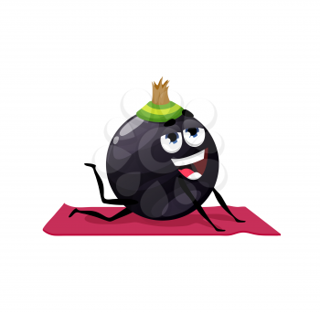 Cartoon black currant funny character yoga or pilates fitness sport. Vector cute berry mascot in yogi pose of dog lying on mat. Comic berry personage at stretching class, health care yoga practice