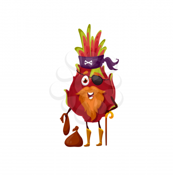 Dragonfruit pirate emoticon with eye patch, treasure coins in bag, hook hand isolated cartoon character. Vector red pitaya, exotic tropical fruit corsair buccaneer, captain with funny mustaches