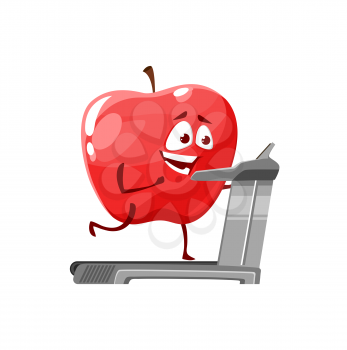 Cartoon apple run on treadmill, fruit sportsman vector icon, funny character in gym doing sport exercises isolated on white background. Healthy food, sports lifestyle, organic nutrition symbol