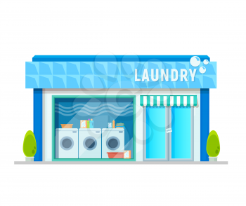 Laundry service building, laundromat or washing shop vector icon. Clothes cleaning room and laundry washing store with washers and dryer machines, business and commercial architecture