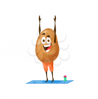 Cartoon potato character in shorts doing sport exercise on fitness pilates yoga mat isolated. Vector cute veggie, vegan organic root on stretching workout, comic kawaii emoticon happy potato