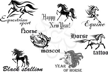 Black horse stallions mascots in cartoon and tattoo style