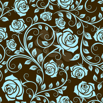 Elegant flowing seamless antique style scrolling rose pattern with intricate leaves and tendrils amongst the flowers