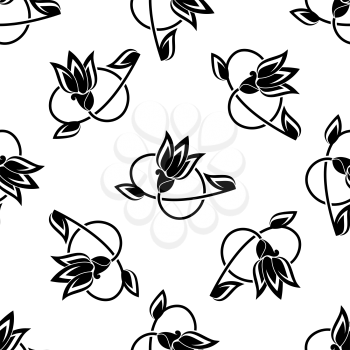 Seamless swirling floral seamless pattern background of black and white sketched flowers