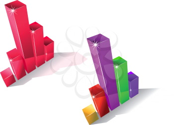 Two colourful fluctuating bar graphs viewed from a high angle, one in red and one multicoloured with sparkling corners, three dimensional illustration