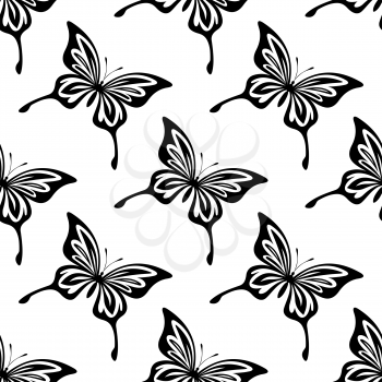 Repeat seamless black and white pattern of butterflies with outspread wings shaped like those of the swallowtail, on a white background