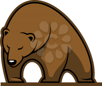 Cartoon big brown bear or grizzly walking with its head down on white