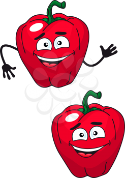 Two cute cartoon happy smiling red bell peppers, one with waving arms and one without, illustration on white