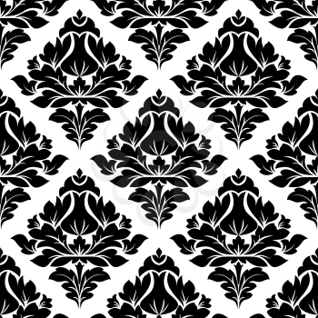 Black and white illustration of a seamless repeat floral arabesque pattern with a diamond shaped motif in square format suitable for textiles