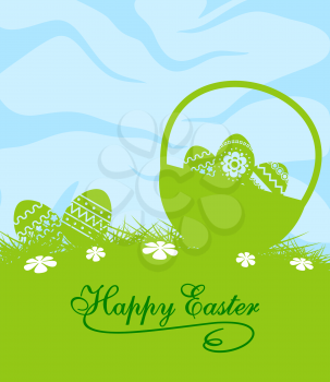 Fresh blue and green Easter greeting card design with the silhouettes of pretty patterned easter eggs in a spring meadow with white daisies under a blue sky