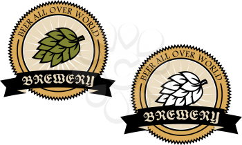 Two circular brewery labels with a banner with text and a hop enclosed in a circular frame saying - Beer all over world - vector illustration