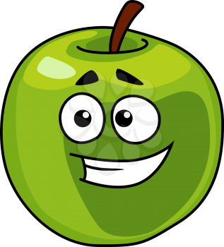 Vector cartoon illustration of a happy smiling healthy green apple with a stem isolated on white