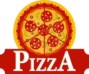 Vector cartoon illustration depicting a simple Pizza sign with a whole pepperoni or salami pizza above a board with the word Pizza, isolated on white