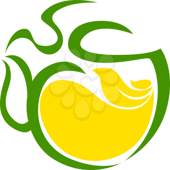 Very stylized cup of steaming tea with a green outline and golden liquid in an eco or bio concept of the green flora and sunshine