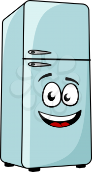 Cartoon character refrigerator or fridge with a smiling face, on grey background