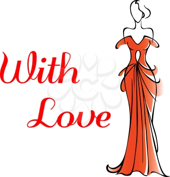 Elegant Valentines or anniversary greeting card for a loved one with a tall woman in a red gown alongside the words - With Love - doodle sketch on white