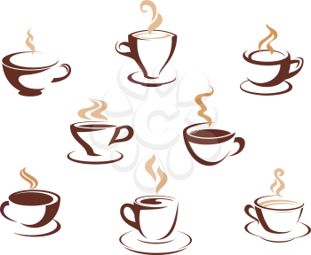 Set of eight different steaming cups of hot beverages such a coffee, tea or hot chocolate in cups and mugs, sketched design elements