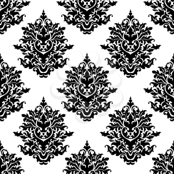 Ornate heavy foliate arabesque motifs in a repeat seamless pattern suitable for fabric, black and white vector illustration