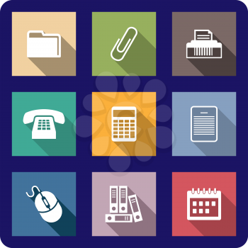 Set of flat office icons on colourful buttons including a file, printer, paper clip, fax, telephone, calculator, calendar, mouse and a document for web design
