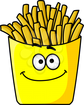 Delicious golden crispy French fries in a colourful yellow takeaway packet with a happy smiling face, vector illustration isolated on white