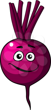 Cute little purple cartoon beetroot vegetable with a happy face for healthy food concept, vector illustration isolated on white