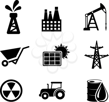Set of black and white industrial icons depicting an oil well, industry, mining, solar panel, electricity pylon, nuclear energy, tractor and oil