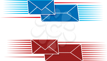 Two snail mail icons with two envelopes, one long one small, with a pattern of parallel lines on either side in red and blue, vector illustration on white