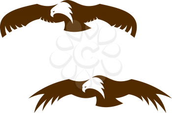 Two flying eagles with outspread wings, one with closed feathers and one with splayed feathers for tattoo or mascot design