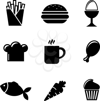 Collection of black and white silhouette food icons including French fries, boiled egg, toque, cookie, coffee, drumstick, fish, carrot and cupcake