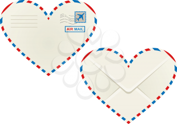 Heart shaped airmail envelope outlined in the striped red and blue airmail sign with the front view showing a postage stamp and rear view the flap