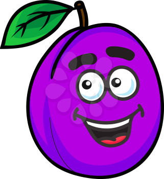 Fresh purple cartoon plum fruit with a happy face and green leaf isolated on white